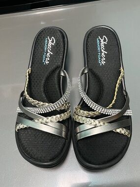 Skechers Black Slide Wedge Sandals with Metallic Braided and Rhinestone Straps